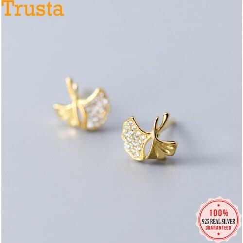 Trusta Genuine 100% 925 Sterling Silver Sweet Gold Ginkgo Leaf Leaves Sparkling CZ Stud Earrings For Women Wedding Gift DS1886
