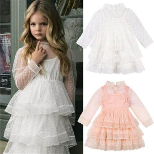 0-5 Years Baby Girls Dress Slid Pink Yellow Long Sleeve Dresses For Girls Lace Hollow Birthday Party Dress Girl Clothes Kid Suit