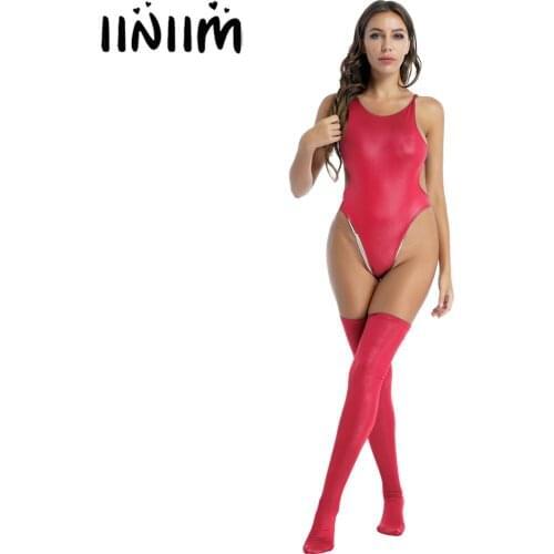 Women One-piece Bodysuit Sleepwear Faux Leather Lingerie Set Swimsuit Swimwear Hollow Out Back High Cut Thongs with Stockings
