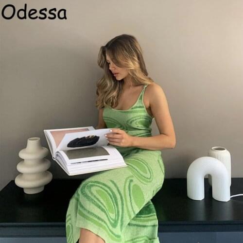 Odessa Green Back Hollow Out Knitted Midi Dress Yellow Off Shoulder Robes Women Sleeveless Paisley Print Long Vestidos