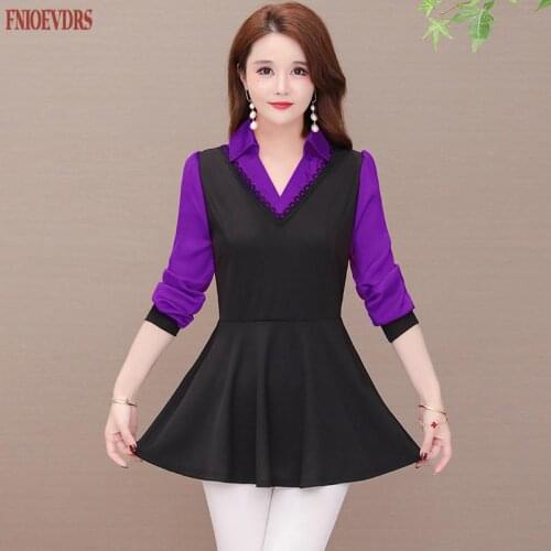 2021 Women Fashion Elegant Hollow Out Vintage Loose Tops Patchwork Faux Two Piece Peplum Belly Long Tunic T Shirt Plus Size