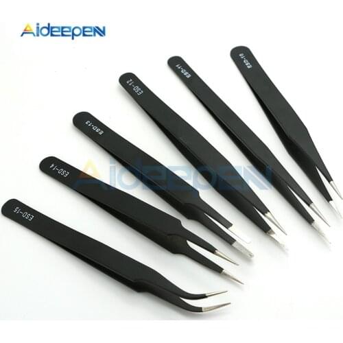 6Pcs/set Anti-static ESD Stainless Steel Tweezers Maintenance Tool Industrial Precision Curved Straight Tip Tweezers Repair Tool