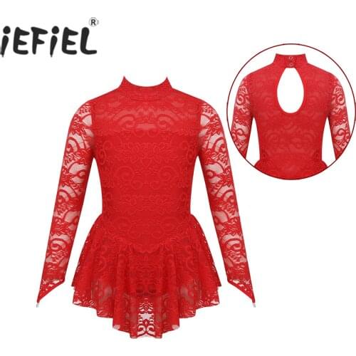 Kids Girls Long Sleeves Ballroom Dance Dress Lace Figure Skating Dresses Ice Skating Ballet Dancewear Costumes Leotard Dress