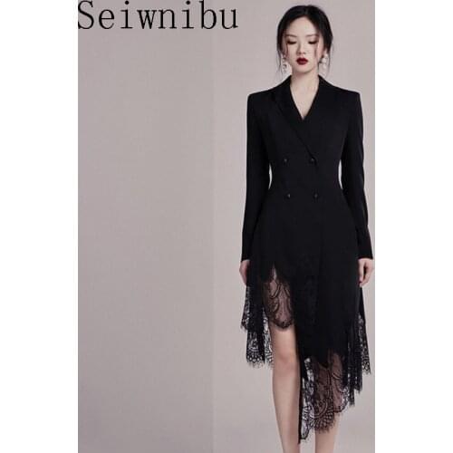 Elegant Lace Patchwork Women Dress Lapel Long Sleeve High Waist Button Slim Asymmetrical Dresses Female Fashion New