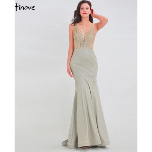 Finove Prom Dress 2020 Long New Reflective Dress Sexy V Neck Beading Crystal See Through Back In Women'Dresses vestido de fiesta