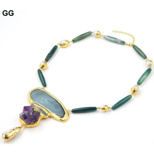 GG Jewelry Green Agate Rosary Chain Necklace Agates Slice Amethyst Druzy Gold Plated Keshi Pearl Pendant 23" For Women