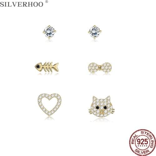SILVERHOO 925 Sterling Silver Heart Kitten And Bowknot Fish Bone Earring Set Shiny Zircon Small Stud Earrings For Women Jewelry