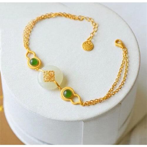 Natural Hetian Jade Safety Jade Ring Bracelet S925 Sterling Silver Vintage Jasper Gourd Bracelet Palace Ornament for Women