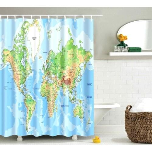 Dafield World Map Shower Curtain Fabric Education Polyester For BathroomWith Hooks