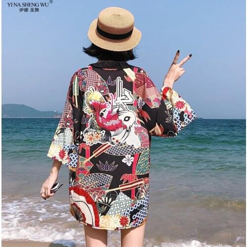 Yukata Women Kimono Cardigan Japan Kimonos Asia Clothes Summer Fish Print Shirt Top Casual Kimonos Kawaii Kimono Cosplay Costume
