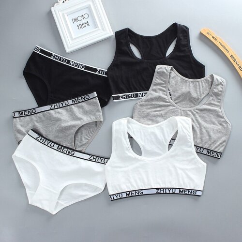 Girls bra set without steel ring and insert double layer anti bump pure cotton absorbing 8-14 years old girls