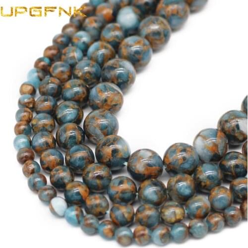 UPGFNK Lake Blue Cloisonne gold Natural Stone Beads 6/8/10/12MM Round Spacer Beads For Jewelry Making DIY Bracelet Accessories