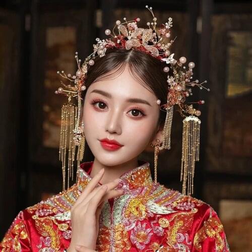 New Chinese Tiara Headdress Grand Ancient Costume Toast Wedding Steps Shaking Tassels Head Brides Hair Accessories