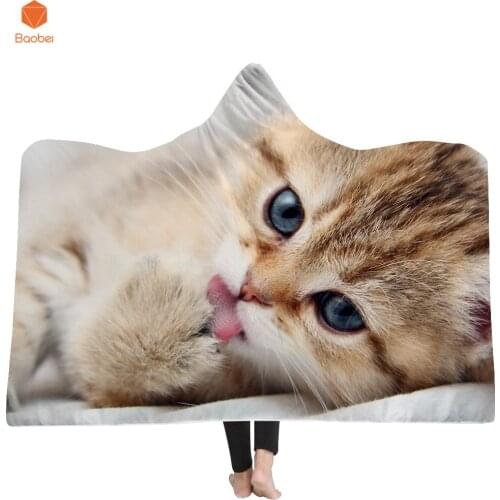 3D Printed Cute Cat Thicking Hooded Blanket for Adult Gothic Sherpa Fleece Wearable Throw Blanket Microfiber Bedding