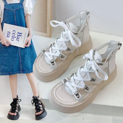 Sandals womens summer 2021 new net red ins fashion versatile muffin thick bottom non slip lace up Roman beach shoes tide