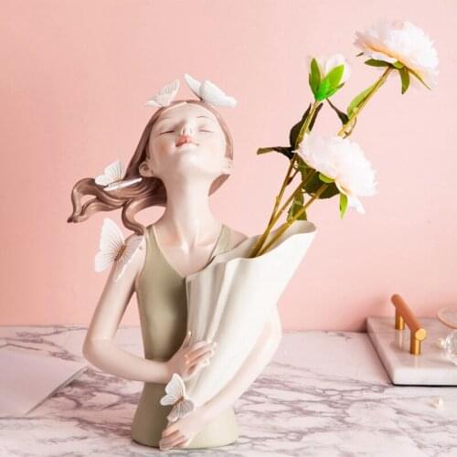 ABSF Butterfly Girl Resin Sculpture Character Model, Butterfly Girl Holding Vase Statue, Creative Resin Girl Vase Sculpture