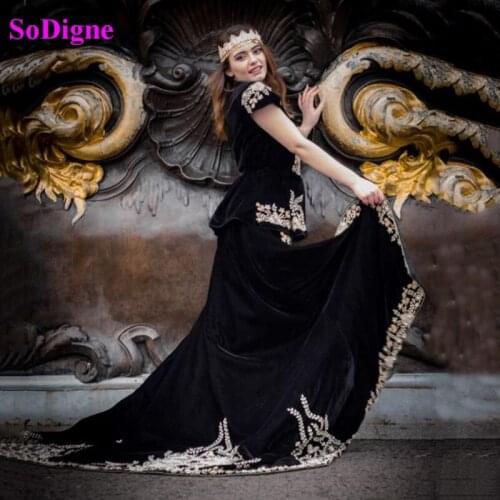 SoDigne Moroccan Caftan Evening Dress Gold Appliques Lace Cap Sleeve Black Mermaid Velvet Arabic Prom Party Dress Outfit
