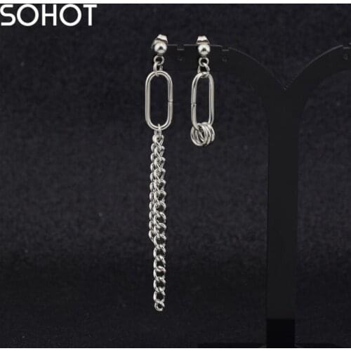 SOHOT Chic Stainless Steel Tassel Punk Asymmetry Chain U Shape Unisex Drop Earrings Women Men Birthday Gift Parties