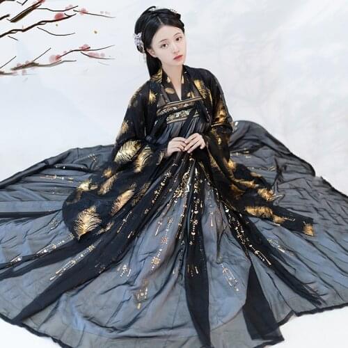 Traditional Chinese Dress For Women Hanfu Black Gold Feather Print Coat Princess Dress Lady Minority Dance Costumes DNV12765