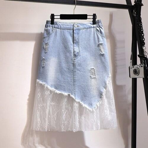 Spring Summer Skirts Women Mesh Pactchwork Denim Skirt Women Holes Package a Line Skirts Sweet Plus Sizes Skirt 5Xl 6Xl Bottom