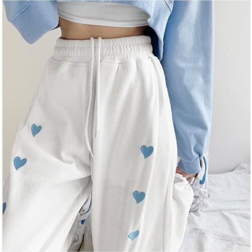 Women Sweat Pant High Waist Heart Print Drawstring Pants Straight Leg Pant Autumn Casual Loose Streetwear Pantalones De Mujer