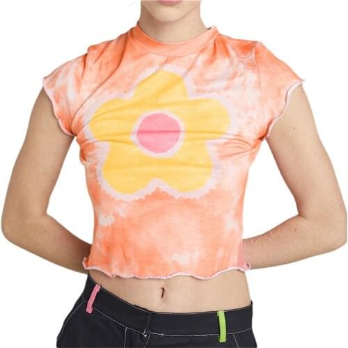 Xingqing Women Floral Print Crop Tops Sexy Short Sleeve Crew Neck Slim Fit Tie Dye T-Shirts Y2K Aesthetic Tanks Tops E Girl Tees