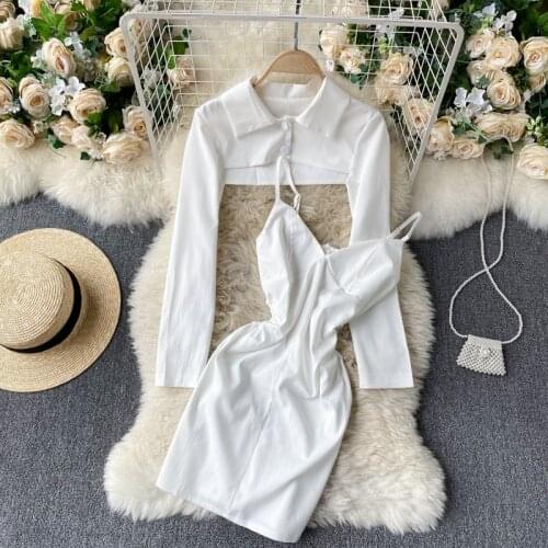 Foamlina Women Two Piece Set White Black Lapel Collar Long Sleeve Cropped Top + Spaghetti Strap Mini Bodycon Dress Sexy Outfits