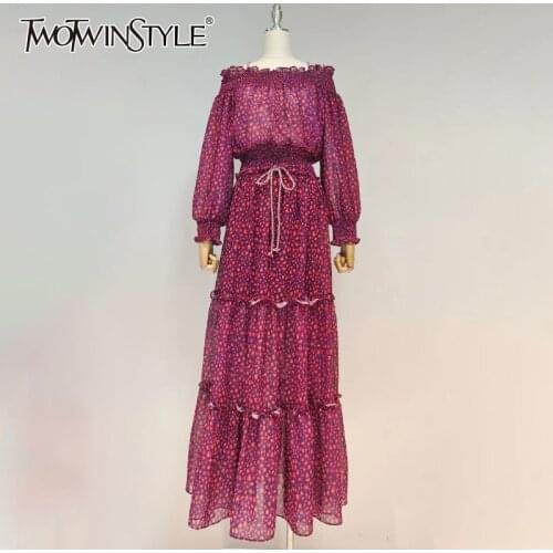 TWOTWINSTYLE Print Vintage Set For Women Square Collar Lantern Long Sleeve Top Drawstring Skirt Hit Color Sets Female 2021 Style