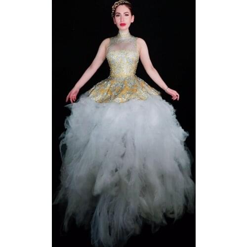 Women Noble New Sparkly Yellow Rhinestones Long Dress Birthday Prom Celebrate Nude White Mesh Tail Dresses Evening Outfit Dress