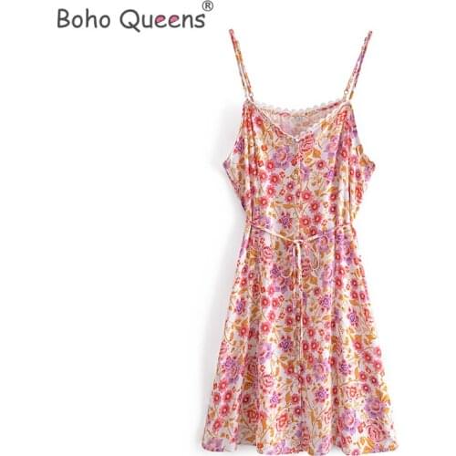 Boho Queens women print sleeveless Bohemian Spaghetti Strap mini dress Ladies Summer Boho dress vestidos