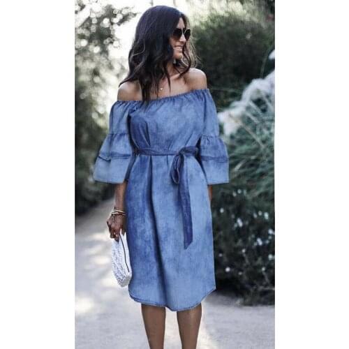 Strapless Denim Dress Half Sleeve Tube Top Sexy Denim Dress Tie-dye Elastic Waist Hip Skirt Knee-Length Office Lady Party Dress