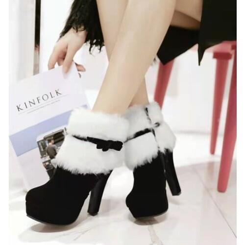 Winter Women Boots High Heels Platform Comfort Women Shoes Warm Fur Short Boots Black Ladies Party Shoes Plus Size Ankle Boots