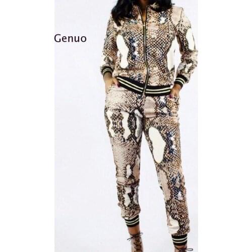 Snake Pattern Womens 2-Piece Autumn Long-Sleeved Casual Jacket Jacket + Pants Suit Fashion Street Wear Casual Wear Clothing