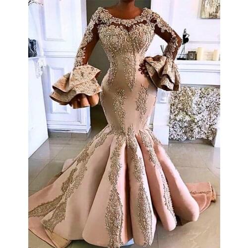 2020 Arabic Aso Ebi Gold Luxurious Mermaid Evening Dresses Lace Beaded Prom Dresses Long Sleeves Formal Party Second Reception