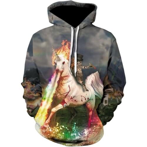 Creative design of mens fall casual long sleeve hooded sweatshirt 2020 fashion horse print animal print hoodie