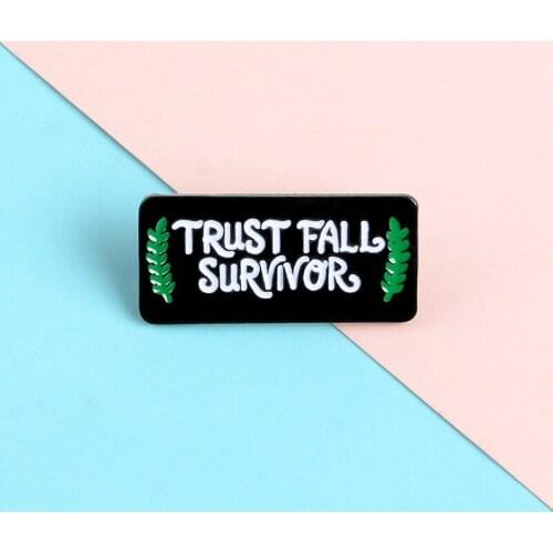 Black Fashion Lapel Enamel Pins Green Palm leaf "TRUST FALL SURVIVOR" Brooches Badges Clothes Bag Pins Jewelry Gifts For Friends