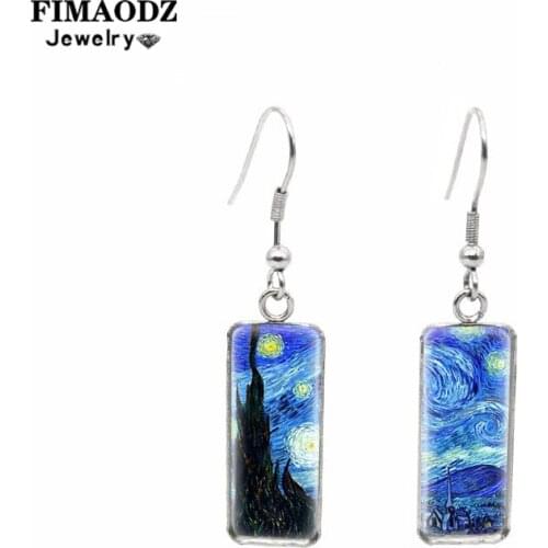 FIMAODZ Van Gogh Earrings Art Painting Sunflower Glass Rectangular Pendant Hook Drop Earrings For Women Gifts Jewellery