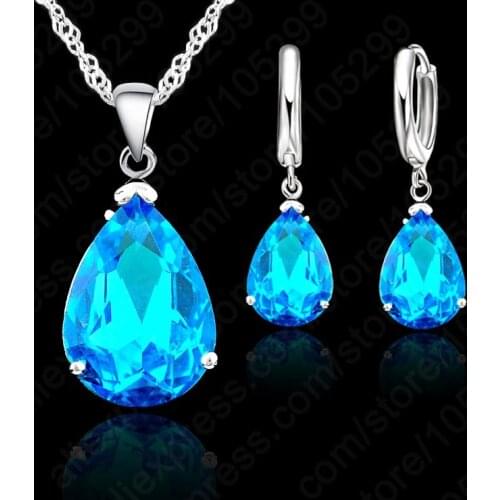 Women Elegant Water Drop Woman Party Wedding Jewelry 925 Sterling Silver Cubic Zircon Fashion Earring Necklace Set 9 Color