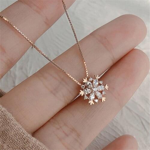Pure Silver 925 Necklace Girl Clavicle Accessories Fashion Crystal Snowflake Pendant Women Choker Necklace Female Rose Gold Gift