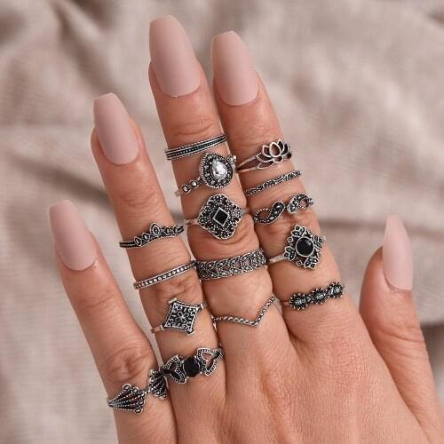 15 Pieces Ring Set Bohemian Ring Silver Plated Retro Crystal Motif Jewelry Sets