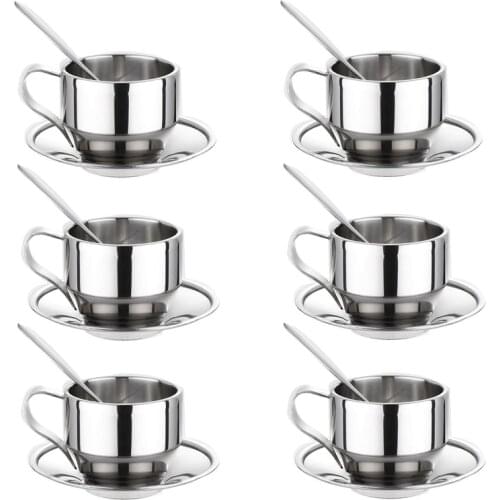 Set of 6 Coffee Cup with Saucer and Spoon Set,Stainless Steel Double Walled Mug Latte Cappuccino Tea Cups 125Ml/4.2 Oz