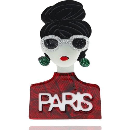 New Fashion Cute Lady Black Hair Glssses Brooch For Women Clothing Letters PARIS Badge Lapel Pins Fashion Jewelry Gifts