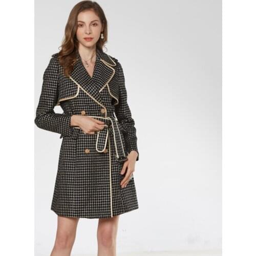 Women New Notched Double Breasted Long Plaid Trench Coats Houndstooth Trench Coat Sashes Office Lady Trench Dress