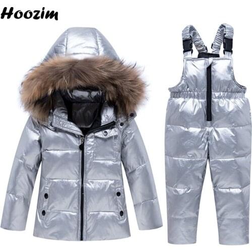 New Winter Girls Clothing Set 2-6 Year Detachable Fur Cap White Duck Down Jacket + Thick Suspender Pants Set Kids Suit For Girls