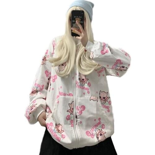 Autumn Harajuku Cartoon Little Monster Print Hoodie Zip-Up Hooded Sweatshirt Casual Loose Plus Pocket Outwear Kawaii Clothes