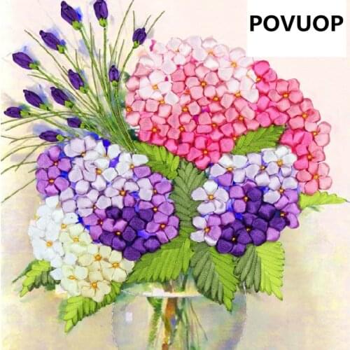 POVUOP 3d print ribbon embroidery paintings 40X51cm purple flower simple three-dimensional cross-stitch