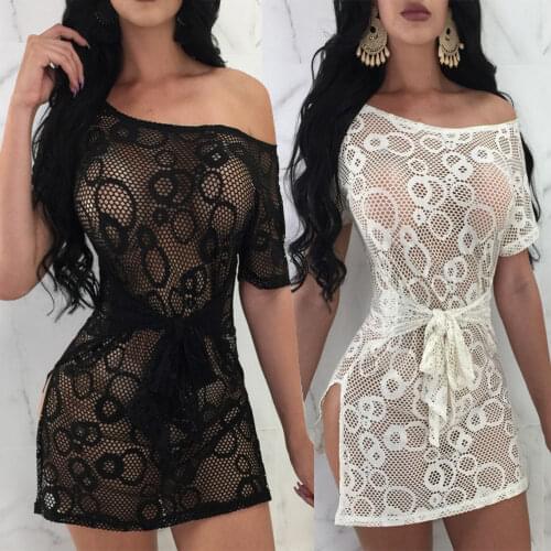 See Through Dress Mini Dress Sexy Lace Black White Bandage Nightclub Hollow Jurken transpare Party Clubwear NightClub Dress Jurk