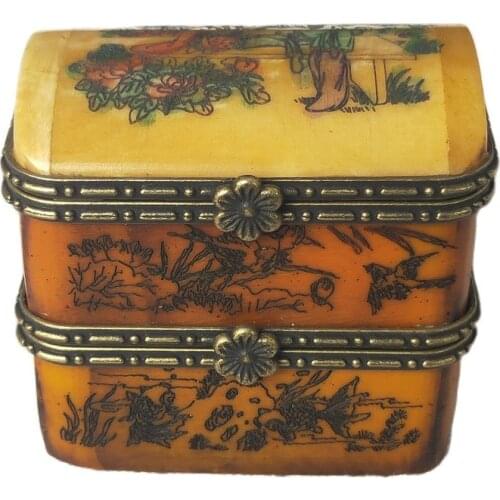 Early collection of cattle bone carving pattern double deck JEWELRY BOX ORNAMENT No. 3