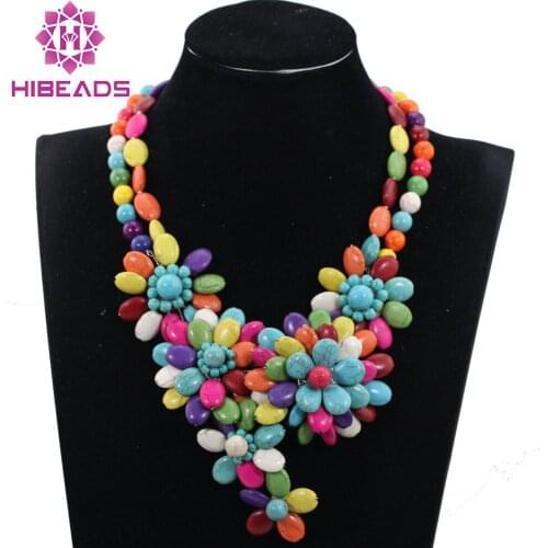 Romantic Chunky Flower Pendant Necklace Multicolor Turquiose Beaded African Wedding Necklace for Brides New Free Shipping TN169