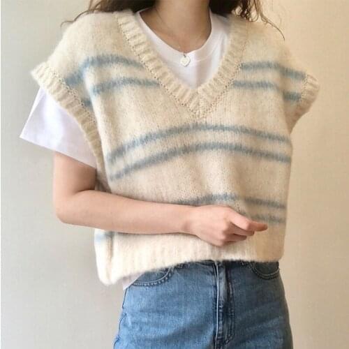 V-neck chic striped all-match vest minimalist sleeveless thicken knitted vest fashion elegant stereetwear 2020 winter vest